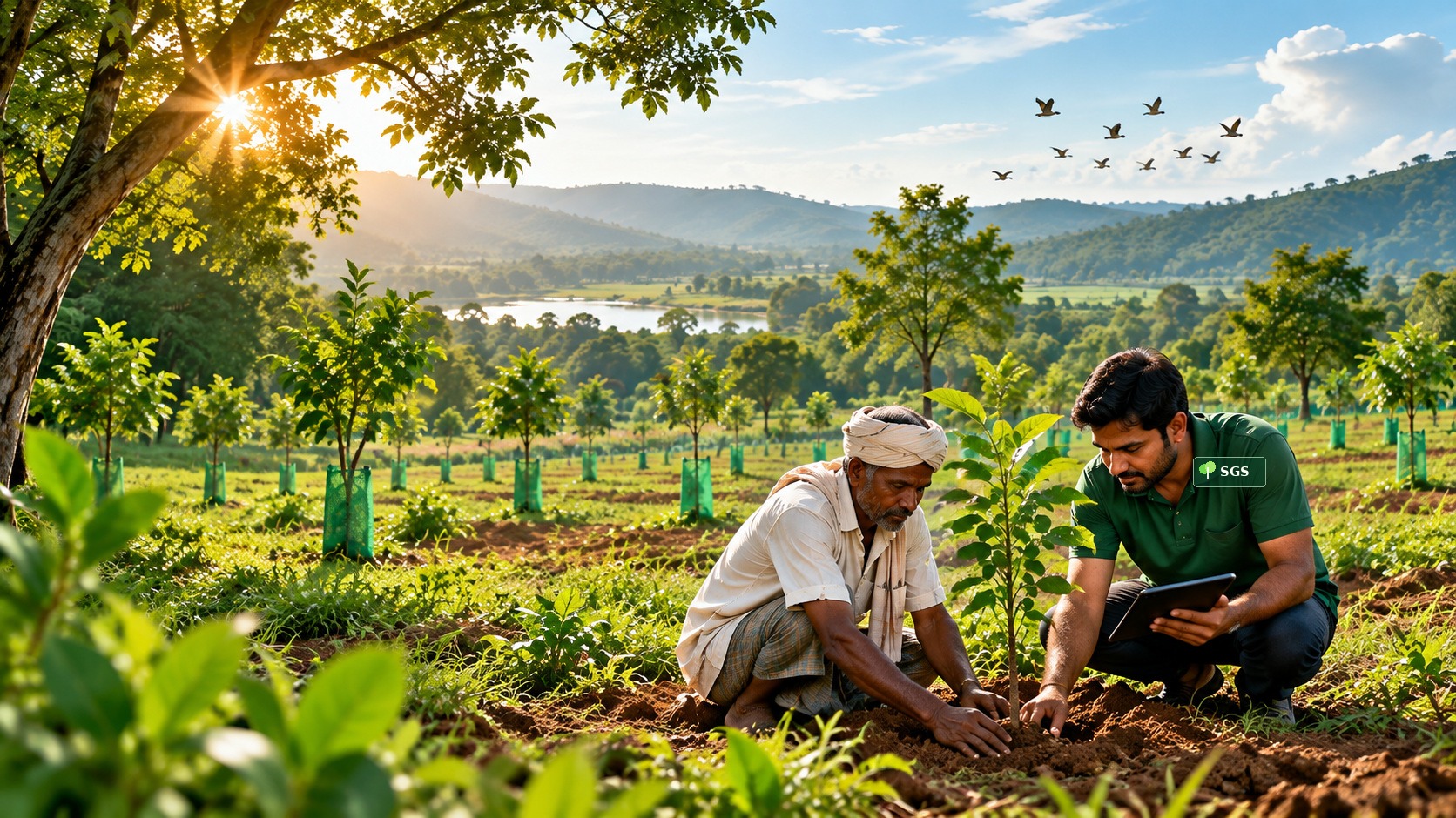 Farmer and field team working among young plantation trees